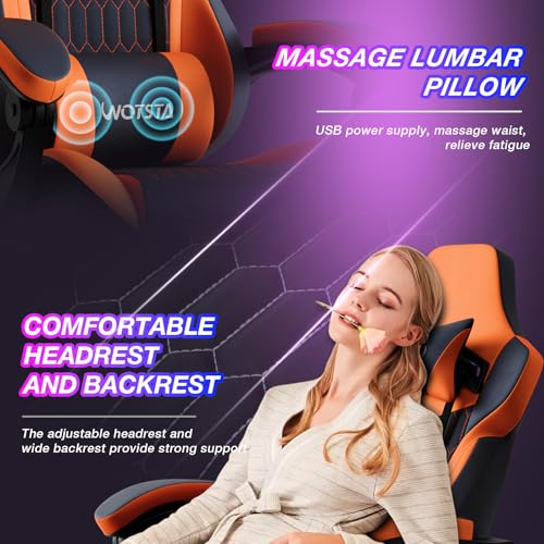 WOTSTA Gaming Chair with Footrest, High Back Gaming Chairs PVC Leather Ergonomic Gamer Chair with Adjustable Headrest Lumbar Support Racing Style Video Gaming Chair for Office/Home (Black Orange)