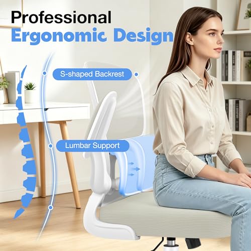 ALLGOD Ergonomic Office Chair, Breathable Mesh Ergonomic Desk Chair with Adjustable Lumbar Support, Flip-up Armrests, Computer Chairs Comfortable for Home, Office, Work, 300lbs, White, Upgrade