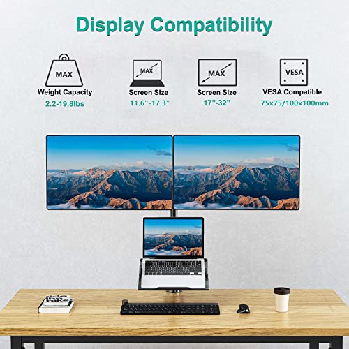 WALI Monitor and Laptop Mount, Dual Monitor Stand with Laptop Tray Fit Computer Screens up to 32”, Laptop Desk Mount with Notebook up to 17”