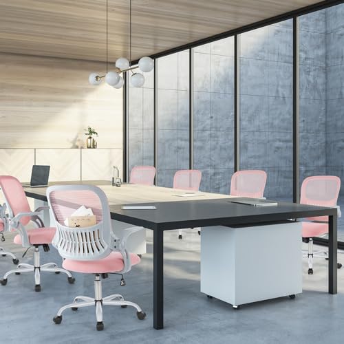 Sweetcrispy Home Office Computer Desk Chair, Ergonomic Mid-Back Mesh Rolling Work Swivel Task Chairs with Wheels, Comfortable Lumbar Support, Comfy Flip-up Arms for Bedroom, Study, Student, Pink