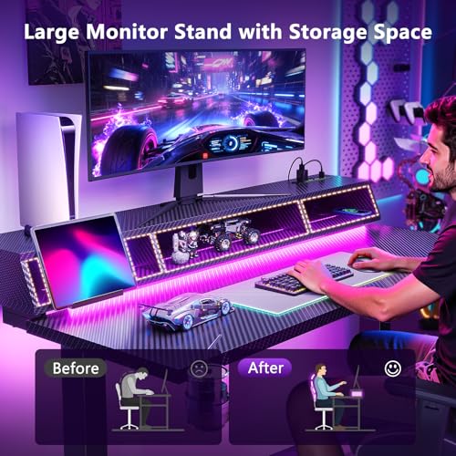 OffiGo Gaming Standing Desk with LED Light, 55 Inch Electric Height Adjustable Table with Power Outlet & Monitor Stand, Sit Stand Computer Workstation for Home, Bedroom, Black