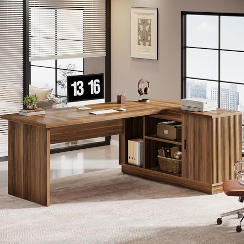 Tribesigns 70.8-Inch Executive Desk, L-Shaped Desk with with File Cabinet, Large Modern Office Desk with Storage Shelves, Fluted Business Furniture Workstation for Home Office, Walnut Brown