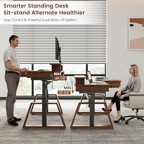 EUREKA ERGONOMIC L Shaped Desk 63", Solid Walnut Wood Top, Executive Standing Desk Adjustable Height, Dual Motor Corner Workstation with Drawers & Monitor Shelf for Home Office, Left