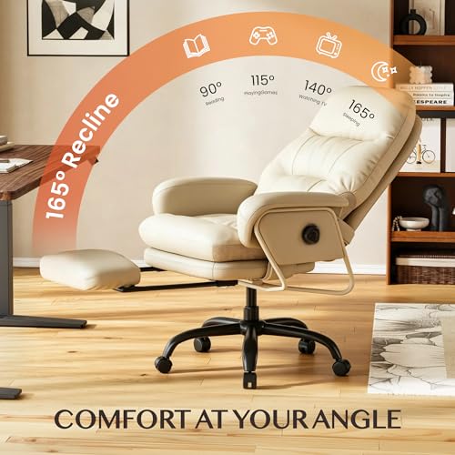 FLEXISPOT Multi-Task Ergonomic Office Chair with Footrest Computer Desk Chairs Indoor Lounge Chair with 90-165° 4-Level Reclining, Chairs for Working Relaxing Sleeping, PU Leather+Iron Base, White