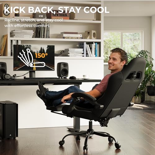 Gaming Chair with Footrest, Ergonomic 330lbs Leather Mesh Chair, Massage Lumbar Support, Adjustable Height & Headrest Pillow, Breathable Seat for Office, Home, Streaming, Long Gaming Sessions, Black