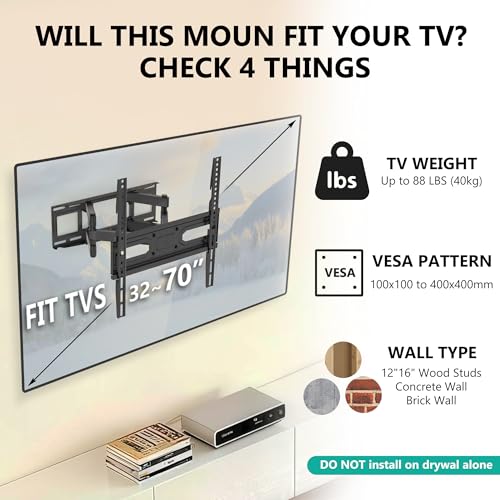 WALI Full Motion TV Wall Mount for 32–70 Inch TVs – Dual Articulating Mount with Swivel, Tilt & Extension | VESA up to 400x400mm | Fits 12/16" Wood Studs | Holds Up to 88 lbs