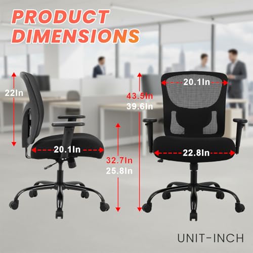 BestOffice Big and Tall 500 lb Mesh Office Chair Ergonomic High Back Desk Chair with Lumbar Support and Extra-Wide Seat for Home Office, Black