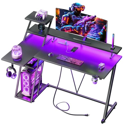 Korfile 40 Inch Gaming Desk with LED Lights & Power Outlet, L Shaped Computer Gaming Table with Storage Shelves, Reversible Corner Desk with Monitor Stand for Home Office, Carbon Fiber Black