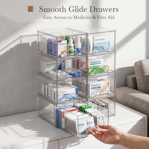 Zeawec 8 Pack Small Clear Stackable Acrylic Storage Boxes for Art Tool & Sketch, Storage Drawers, Storage Organizer, Clear Plastic Makeup Organizer, Ideal for Vanity, Cabinet, Desk Organization