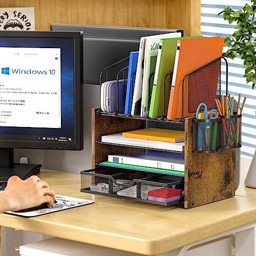 DAOUTIME 4-Tier Mesh Desk Organizer, Wooden Desk File Organizer with 5 Vertical File Holders and 2 Pen Holders, Desktop Organizers and Accessories with Drawer for Home Office