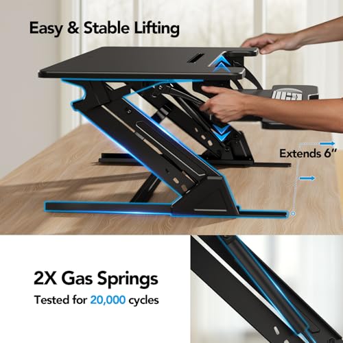 HUANUO 36" Z Shaped Stable Standing Desk Converter, Height Adjustable Sit Stand Up Desk Riser, Dual Monitor and Laptop Workstation with Wide Keyboard Tray, Desk Lifter for Home Office,Black