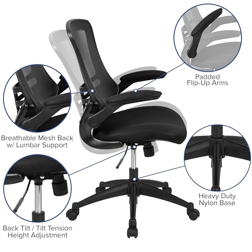 Flash Furniture Kelista Mid-Back Swivel Office Chair with Adjustable Seat Height, Ergonomic Mesh Desk Chair with Flip-Up Armrests, Black