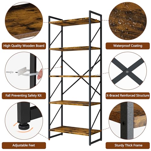 Shintenchi 5 Tiers Bookshelf, Classically Tall Bookcase Shelf, Industrial Book Rack, Modern Book Holder in Bedroom/Living Room/Home/Office, Storage Rack Shelves for Books/Movies-Rustic Brown