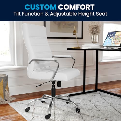 Flash Furniture Whitney High-Back Swivel LeatherSoft Desk Chair with Padded Seat and Armrests, Adjustable Height Padded Office Chair, White/Chrome