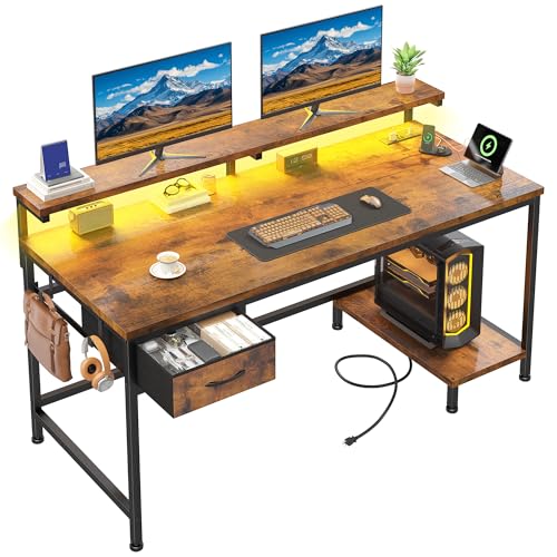 DurayLoly 39.3Inch Office Desk with Power Outlet & Drawer, Gaming Desk with CPU Stand& LED Lights,Computer Desk with Ergonomic Monitor Stand for Small Space,Rustic Brown
