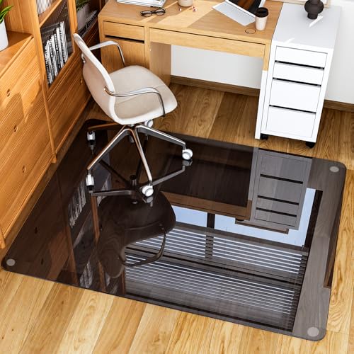 GLSLAND 46" × 55" [Tempered Glass] Chair Mat – Durable Office Chair Mat on Carpet with 0.2" Thickness, 4 Non‑Slip Pads, Sleek & Sturdy Matte Gray Finish, Smooth Glide & Easy Clean, Blue & Grey