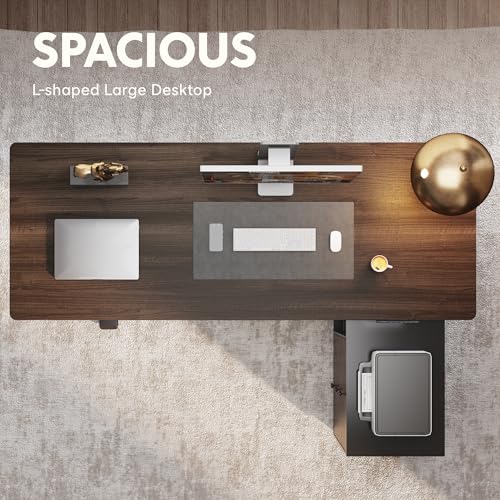 FLEXISPOT 71" L Shaped Standing Desk with Storage & CPU Holder, Dual Motor Height Adjustable Executive Desk, 222 LBS Capacity, 1" Thick Desktop for Home Office, Black Walnut, 3 Packages