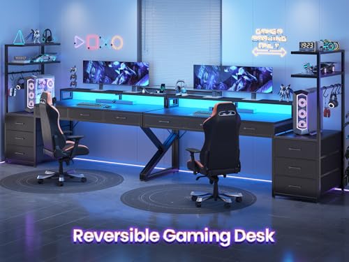 SEDETA 55" Gaming Desk with 6 Drawers, Corner Gaming Desk with Storage & LED Lights, Reversible PC Desk with Power Outlet, Corner Computer Desk with Hutch, Monitor Stand, Side Hook, Carbon Fiber Black