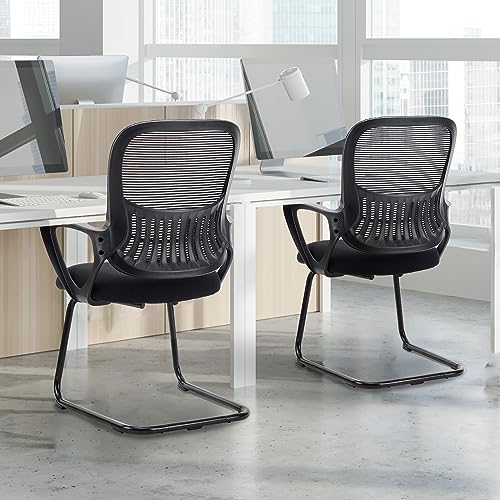 Sweetcrispy Reception Chair No Wheels, Stationary Non Rolling Mesh Mid Back Computer Guest Side with Lumbar Support for Waiting Area Reception Conference Room, Set of 4, Modern Black