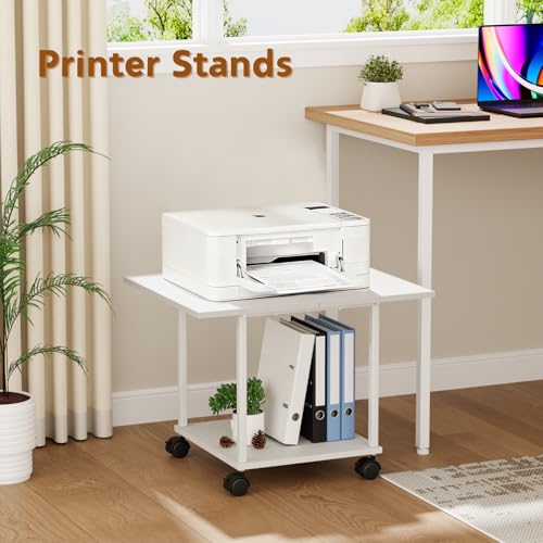 BEWISHOME 2-Tier Industrial Mobile Printer Stand, Rolling Cart with Storage Shelf, Lockable Wheels, for Home, Office (White) BDZ01W