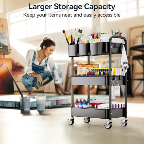 YASONIC 3 Tier Rolling Cart - Metal Utility Cart with Wheels, Hanging Cups, Hooks, Heavy Duty Mesh Rolling Storage Cart Organizer, Craft Cart for Kitchen Office, Lightweight and Sturdy
