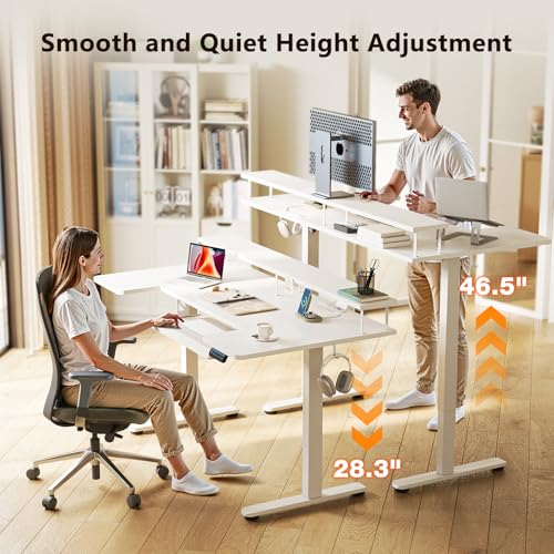 OffiGo U Shaped Electric Standing Desk with Keyboard Tray, 55 Inch Height Adjustable Desk with Power Outlets & LED Lights, Sit Stand Table with Monitor Stand for Home, Office, White