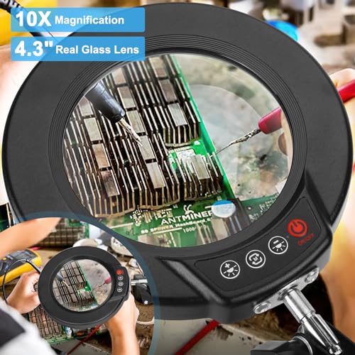 Coyeth 10X Magnifying Glass with Light and Clamp, Real Glass Stand Lighted Magnifier, 5 Color Modes Stepless Dimmable LED Desk Lamp Hands Free for Crafts Hobby Reading Painting Sewing Close Work