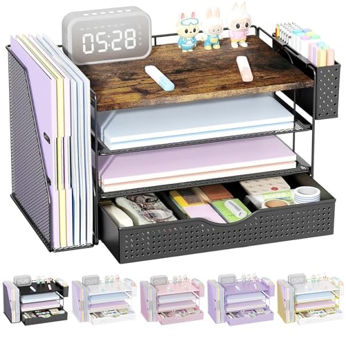 gianotter Wood Desk Organizers and Accessories with File Sorters, 4-Tier Desk Accessories & Workspace Organizers with Drawer and Pen Holder, Desk Reference Organizer (Wood, 4T with Drawer)
