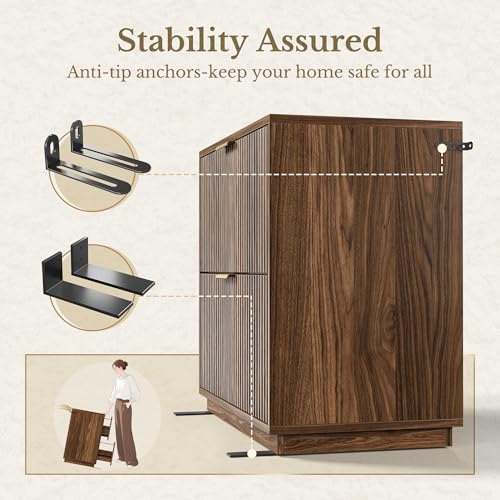 Perledesign 2 Drawer Fluted File Cabinet, 32'' Lateral File Cabinet for Legal/Letter/A4/F4 Size Hanging Files, Wood File Storage for Home Office, Black Walnut