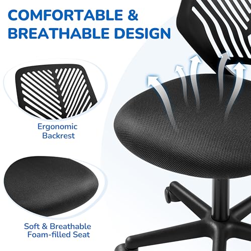 Yaheetech Student Desk Chair, Low-Back Armless Study Chair with Lumbar Support, Adjustable Swivel Office Chair for Home Bedroom School, Black