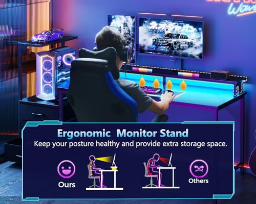 AODK 59 Inch Gaming Desk with LED Light- Reversible Computer Desk with Storage Shelves & Monitor Stand, Modern Gamer Desk Table with Fabric Drawers, Black