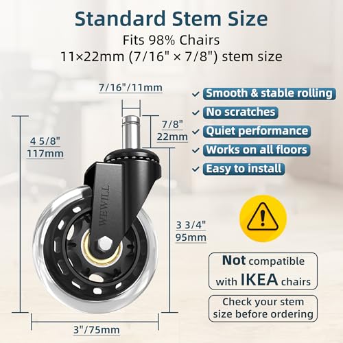 WEWILL Office Chair Wheels - Rubber Casters Replacement Universal Fit 98% Chair(Set of 5) Heavy Duty 3 Inch Smoothly & Quietly Safe for All Floor, Hardwood, Tile, Carpet, Noise Free - Clear