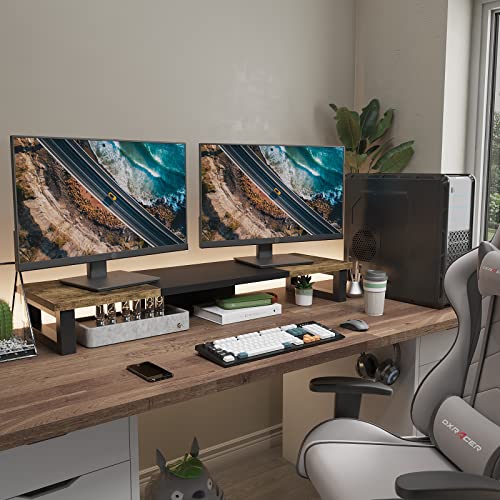 WESTREE Dual Monitor Stand Riser, Wood and Steel Multi-Purpose Desktop Storage Stand for 2 Monitors for Computer, Laptop, Printer, TV, Rustic Brown