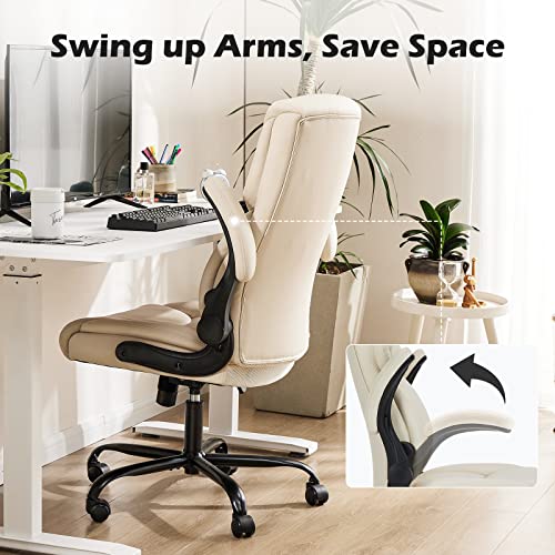 DUMOS PU Leather Office Chair - Ergonomic Executive Computer Desk Chairs with Adjustable Flip-up Armrest, Swivel Task Chair with Lumbar Support, Strong Metal Base, Cream White