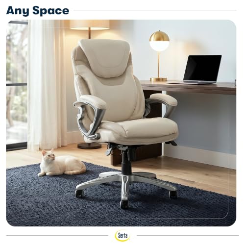 Serta Bryce Executive Office Chair - Ergonomic Computer DeskChair with Lumbar Technology - Adjustable Height - Memory Foam Body Pillows - 360° Swivel Rolling Base - Bonded Leather - Cream