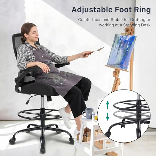 HYLONE 400lbs Big and Tall Heavy Duty Drafting Chair 5" Thickened Seat Tall Office Chair Flip-Up Armrests Ergonomic Chair with Lumbar Support and Adjustable Footrest Ring Standing Desk Chair (Black)