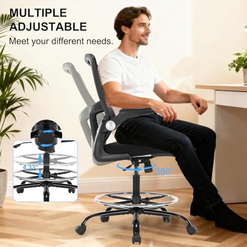 Bondesin Drafting Chair, Ergonomic Tall Office Chair with Lumbar Support Standing Desk Stool with Flip-up Armrests Comfy High Office Desk Chair with Adjustable Foot Ring for Counter Height Desk, Black
