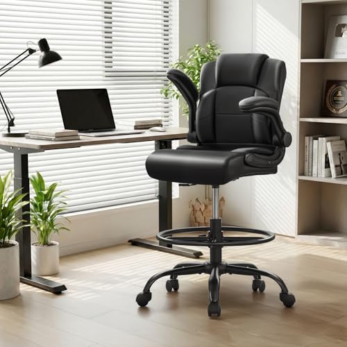 Drafting Chair, Tall Office Chair for Standing Desk, 500Lbs PU Leather Ergonomic Chair with 90 °Flip-up Armrests, Adjustable Foot Ring & Height, for Home, Drawing, or Counter Use(Black)