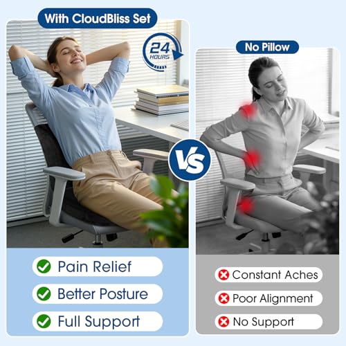 CloudBliss Lumbar Support Pillow & Seat Cushion Set for Office Chair, Desk Chair, Wheelchair & Car – Memory Foam Back Support, Ergonomic Chair Cushions, Sciatica Pain Relief, Home Essentials, Black