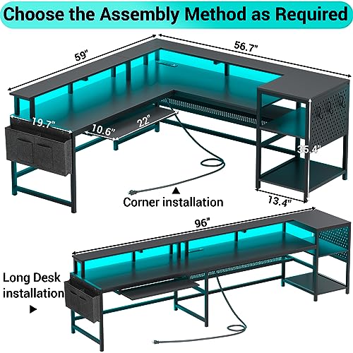 SEDETA L Shaped Gaming Desk, Reversible Computer Desk, Gaming Desk with Power Outlets & LED Strip, Monitor Shelf, Keyboard Tray, Pegboard and Storage Shelves for Home Office, Black