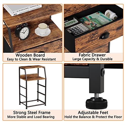 Furnulem Nightstand with 3 Drawers and 2-Tier Shelf, Fabric Small Dresser Organizer Vertical Storage Tower for Bedroom, Closet, Hallway, Nursery, End Table Side Furniture, Sturdy Steel Frame, Wood Top