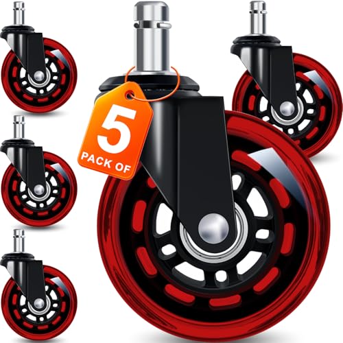 FreekyFit Office Chair Wheels for Casters Replacement - 3" Rubber Wheels for Computer Gaming Desk Caster Smooth & Safe Rolling for All Floors Including Hardwood and Carpet - Set of 5 - Red