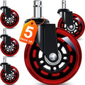 FreekyFit Office Chair Wheels for Casters Replacement - 3" Rubber Wheels for Computer Gaming Desk Caster Smooth & Safe Rolling for All Floors Including Hardwood and Carpet - Set of 5 - Red