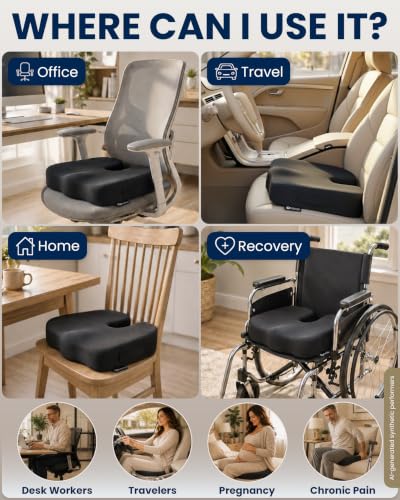 5 STARS UNITED Seat Cushion - Memory Foam Chair Cushion for Tailbone Pain Relief - Ergonomic Support for Coccyx, Sciatica & Butt - Office, Desk & Gaming Chair, Car Seat, Wheelchair, Airplane, Black