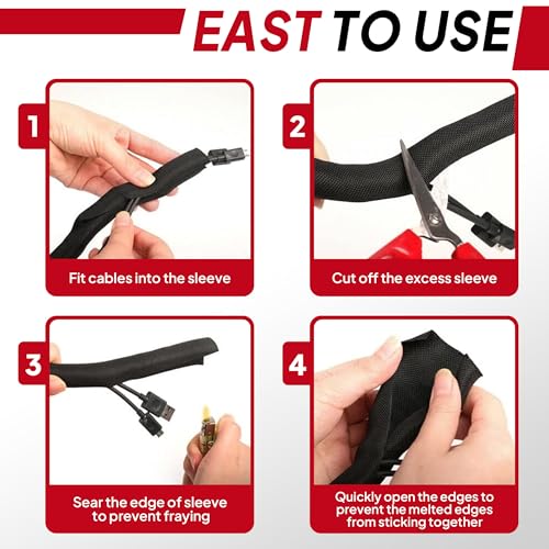 Black Braided Cable Management Sleeves Wire Loom Tubing Cord Protector Self-Wrapping (1/2"-30Feet)