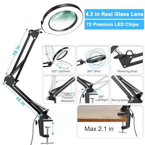 Coyeth 10X Magnifying Glass with Light and Clamp, Real Glass Stand Lighted Magnifier, 5 Color Modes Stepless Dimmable LED Desk Lamp Hands Free for Crafts Hobby Reading Painting Sewing Close Work