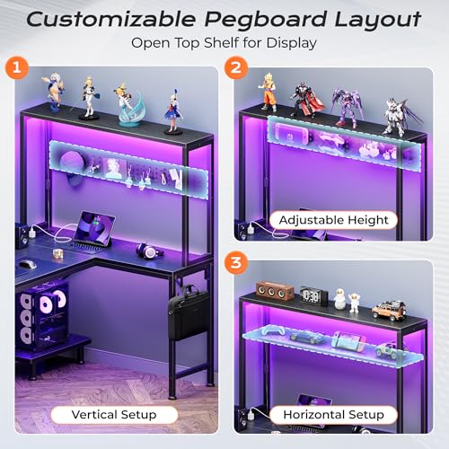 PRAISUN 51.2" L Shaped Gaming Desk with Power Outlets & USB-C Port, LED Lights, Computer Desk with Pegboard, Corner Desk with Storage Shelves & Bag, Office Desk with CPU Stand for Home Office, Black