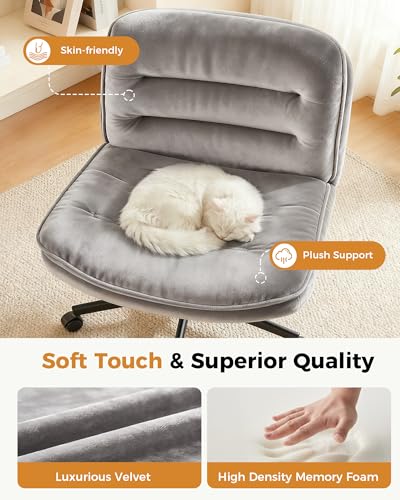 COMHOMA Criss Cross Office Chair with Wheels Armless Desk Chair Comfy, Modern Vanity Chair for Home Bedroom, Comfortable Wide Seat for Lower Back Pain Relief, Soft Velvet, Gray