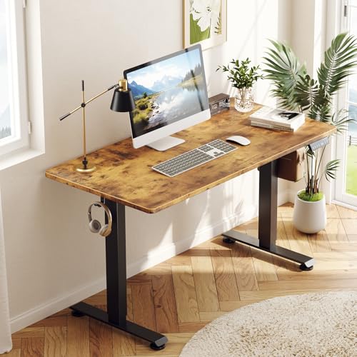 Veken 55 Inch, Height Adjustable Sit Stand Up, Wood Desktop, Work Home Office Computer PC Table, Tall Standup Workstation, Gaming Writing Study Bedroom Rising Desks, Brown