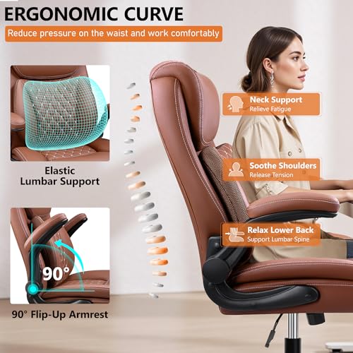 Office Chair, Ergonomic Desk Chair with Lumbar Support for Lower Back Pain Relief, Executive Leather Chair with Padded Flip-up Armrests and Wheels, Brown